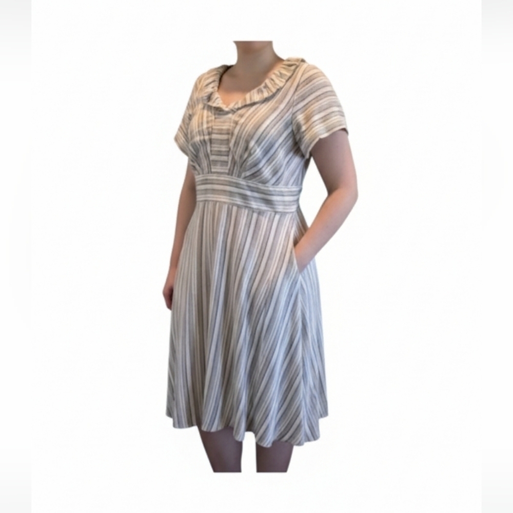 Chris McLaughlin Linen Rayon Striped Empire Waist Dress Size 16 Pockets